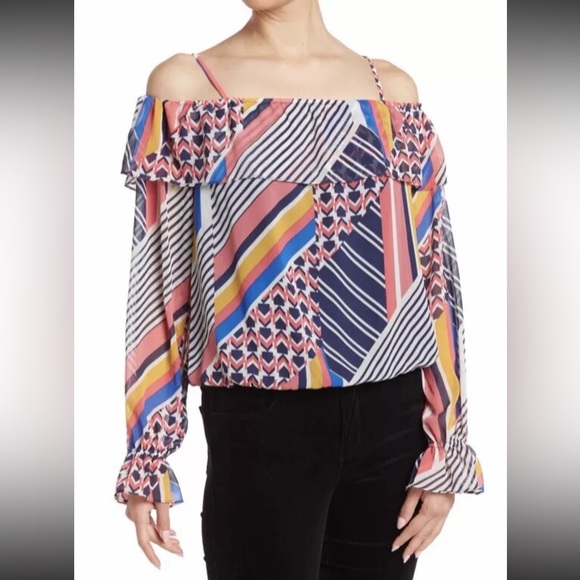 Ramy Brook Mona geometric mixed cold shoulder with sheer sleeves elastic ends M - Picture 1 of 14
